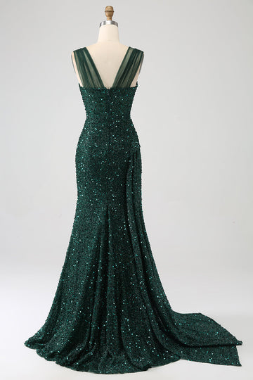 Verde scuro guaina scintillante paillettes plissettato abito lungo da ballo con spacco coscia